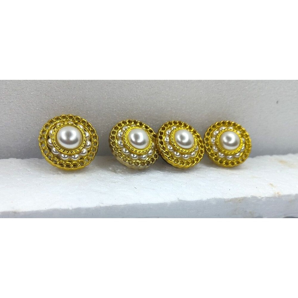 Vintage Button Covers Faux Pearl Cabochon Gold Tone Circle Metal Set Of 4
